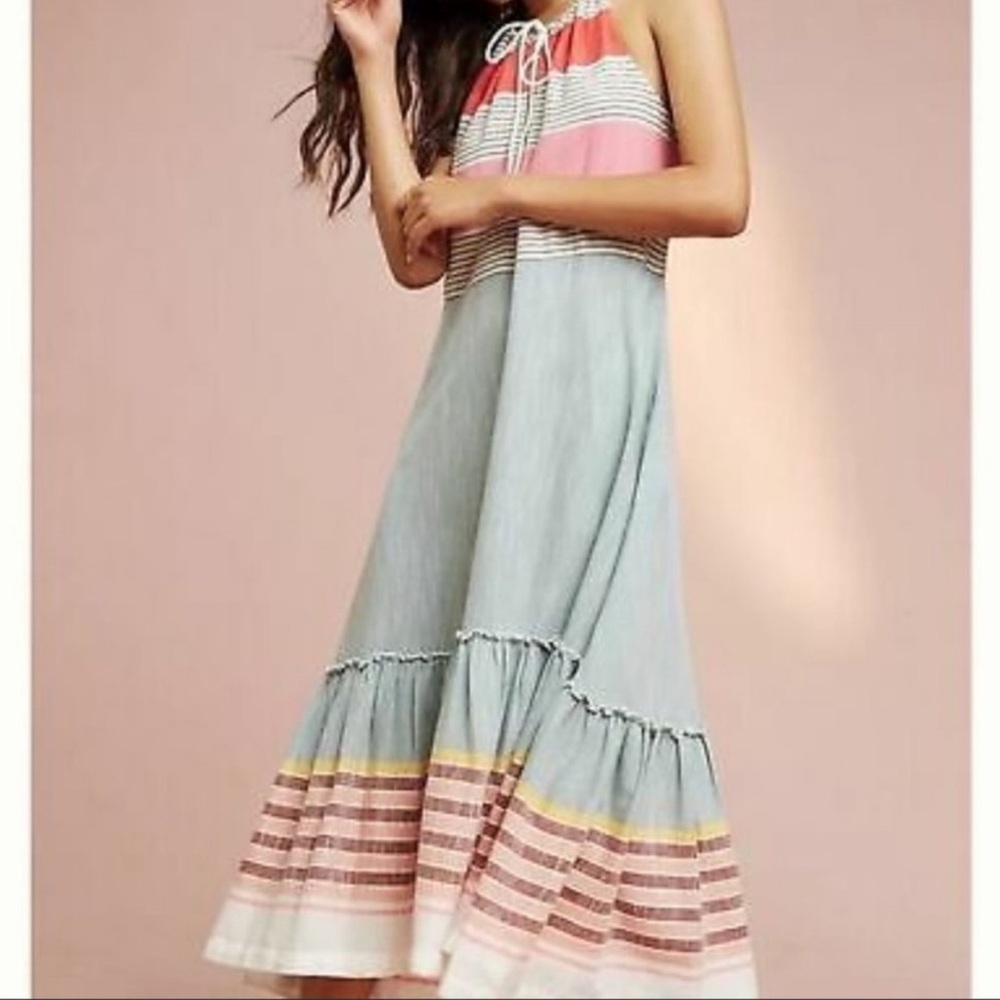ANTHROPOLOGIE Lilka Halter Maxi Sundress with Slightly High-Low Hem & pockets